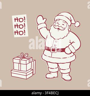 Carte de vœux de Noël avec un Père Noël souriant qui fait un signe de la main à côté de boîtes-cadeaux empilées et un message Ho Ho Ho sur un fond beige. Illustration de Vecteur