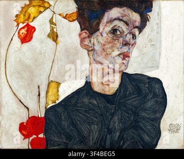 Egon Schiele (1890-1918), Autoportrait avec Physalis, peinture à l'huile sur panneau 1912 Banque D'Images