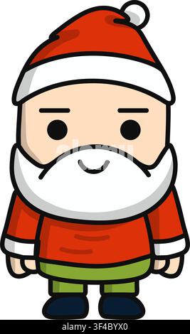 Personnage de Père Noël mignon en illustration vectorielle plate. Mascotte amicale présente un design minimaliste avec un sourire joyeux, une barbe blanche complète, un Illustration de Vecteur