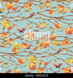 Motif sans couture en aquarelle avec baies de physalis, brindilles, feuille d'automne et coccinelle. Illustration botanique dessinée à la main de la nature automnale. Décoratif Banque D'Images