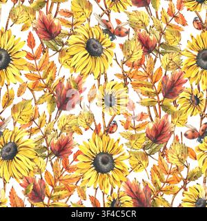 Motif sans couture avec tournesol peint à la main à l'aquarelle et feuille d'automne. Conception de fond botanique avec coccinelle. Papiers peints décoratifs saisonniers pour Banque D'Images