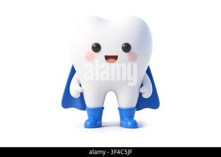 Rendu 3D d'un personnage de dent mignon et anthropomorphe habillé en super-héros avec une cape bleue et des bottes, vu d'un angle bas de face. Banque D'Images