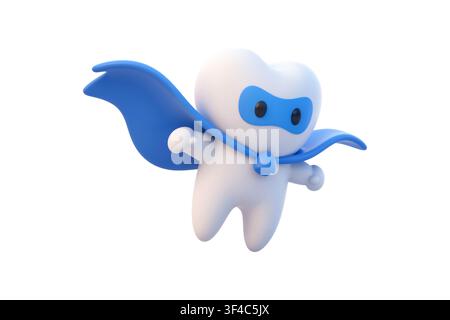 Rendu 3D d'un personnage mignon en forme de dent, déguisé en superhéros, portant un masque bleu et une cape, dans une pose dynamique d'action. Banque D'Images