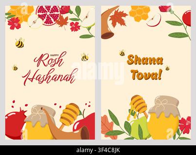 Deux cartes de vœux festives pour Rosh Hashanah avec des abeilles, du miel, des pommes, des grenades, un shofar et des fleurs Banque D'Images