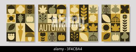 Ensemble de quatre affiches verticales sur le thème de l'automne avec des mises en page en grille géométrique et des icônes minimalistes comprenant des citrouilles, des pommes, des champignons, du blé, des glands et f Illustration de Vecteur
