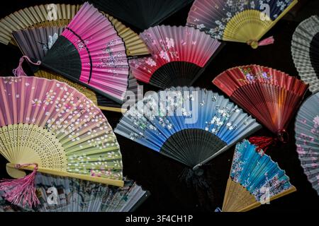 Une collection d'éventails pliants entièrement et partiellement ouverts repose sur une surface sombre, présentant diverses teintes telles que rose, rouge, bleu, vert et gris. De nombreux éventails Banque D'Images