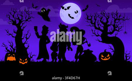 Silhouettes de personnages d'Halloween mettant en scène des enfants dans des costumes effrayants incluant sorcière, vampire, zombie et Frankenstein avec des citrouilles orange lumineuses Illustration de Vecteur
