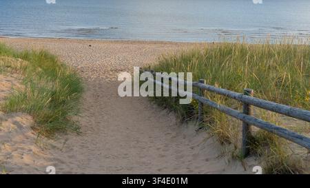 Sentier de sable menant à travers les dunes côtières à une plage tranquille de la mer Baltique par un matin d'été calme en Lettonie. Banque D'Images