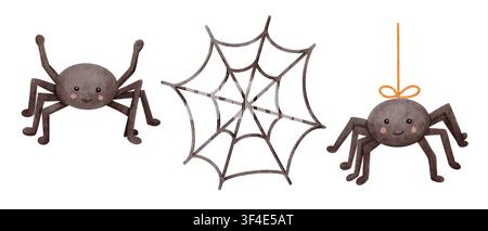 Joli set d'araignées d'Halloween en aquarelle avec des visages souriants et un set de toiles, isolé sur fond blanc Banque D'Images