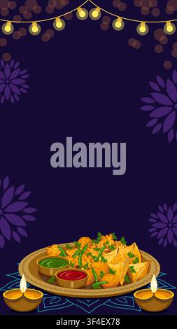 Modèle vertical festif de Diwali mettant en vedette des diyas lumineux, une guirlande, un thali indien avec des samosas, du pakora, des chutneys et du rangoli avec espace de copie. Illustration de Vecteur
