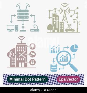 Ensemble d'icônes vectorielles de réseau serveur sans fil à motif de points minimaux, de télécommunications Smart City, d'IoT de bâtiments intelligents et d'analyse de données Illustration de Vecteur