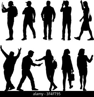Ensemble de silhouettes noires d'hommes et de femmes dans différentes poses et activités sur fond blanc. Illustration de Vecteur