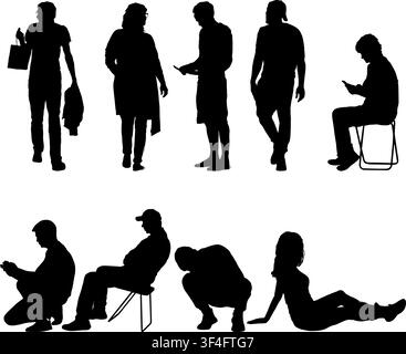Ensemble de silhouettes noires d'hommes et de femmes dans différentes poses et activités sur fond blanc. Illustration de Vecteur