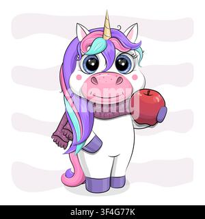 Jolie licorne de dessin animé avec une pomme rouge et une écharpe. Illustration vectorielle d'un animal sur fond blanc. Illustration de Vecteur