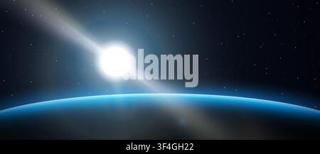 Horizon planétaire bleu lumineux avec soleil dans l'espace lointain concept abstrait. Fond univers étoilé horizontal d'astrologie. Concept de cosmos, galaxie et espace lointain. Illustration de Vecteur
