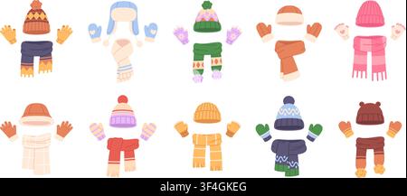 Accessoires d'hiver douillets. Chapeaux, moufles et écharpes chauds et élégants. Design en tissu tricoté, collection unisexe pour enfants, adultes, clipart vectoriel chic Illustration de Vecteur