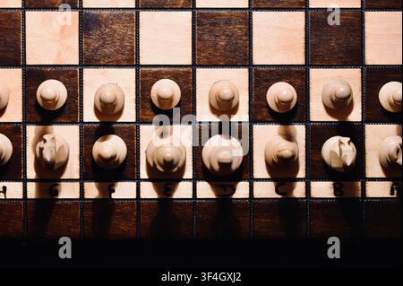 Vue détaillée par-dessus des pièces d'échecs blanches et des pions disposés en formation sur un échiquier classique en bois. De longues ombres dramatiques projetées sur les cases claires et sombres soulignent l'unité, la gestion d'équipe, la stratégie commerciale, la préparation et la planification stratégique. Banque D'Images