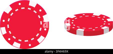 Jetons de jeu rouges en conception plate montrés sous des angles de dessus et isométriques sur fond blanc. Illustration de Vecteur