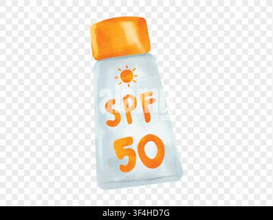 Illustration d'une bouteille de crème solaire SPF 50 aquarellée, produit de protection pour les soins estivaux, vecteur peint à la main. Illustration de Vecteur