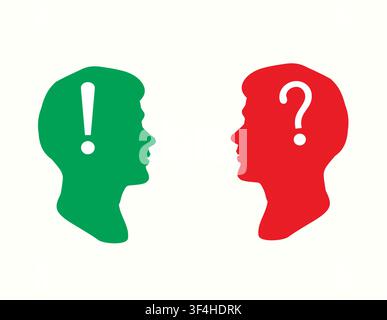 Deux silhouettes de profil humain — verte avec un point d'exclamation et rouge avec un point d'interrogation — représentant visuellement la certitude par rapport au doute Illustration de Vecteur