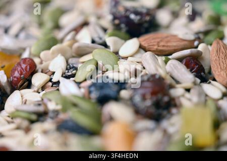 Fond texturé Superaliments Premium Mélange de Noix Sains Graines et Fruits Séchés Banque D'Images