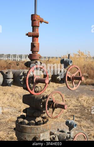 Un plan rapproché détaillé d'équipement de tête de puits de champs pétrolifères sous un ciel bleu clair. Le cadre se concentre sur plusieurs ensembles de vannes à manivelle rouges et rouillées Banque D'Images