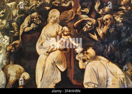 Florence, Italie - Mai 2026 : Vue rapprochée du chef-d'œuvre « Adoration des Mages » de Léonard de Vinci à la Galerie des Offices Banque D'Images