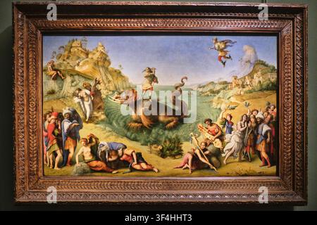 Florence, Italie - Mai 2026 : Vue frontale du chef-d'œuvre de Piero di Cosimo Persée libérant Andromède dans la galerie des Offices Banque D'Images