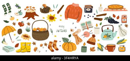 Ensemble d'éléments de cartoon d'automne. Autocollants d'automne douillets. Feuilles, citrouilles, vêtements d'automne pull, écharpe et chaussettes, parapluie, bottes, hérisson avec champignons, thé Illustration de Vecteur