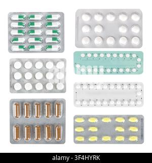 Set de blisters de pilules médicales avec des capsules colorées et des comprimés ronds isolés sur fond blanc. Banque D'Images