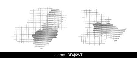 Ensemble d'éléments vectoriels en treillis métallique déchiré avec texture d'acier gris. Morceaux de grille déchirés, longues bandes, pièces cassées et bords rugueux sur fond blanc Illustration de Vecteur