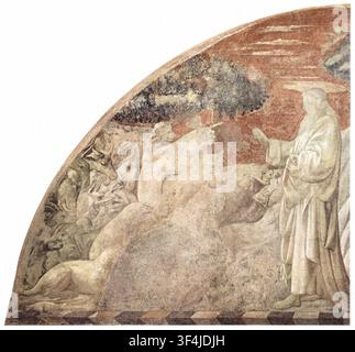Paolo Uccello scène de la Genèse création des animaux - Fragments d'un cycle de fresques de l'Ancien Testament représentant des scènes de la Genèse dans le cloître de Santa Maria Novella à Florence. Les lunettes montrent la Création des Animaux et la Création d'Adam, tandis que les panneaux muraux dépeignent la Création d'Ève et le Péché Originel Banque D'Images