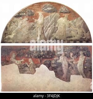 Paolo Uccello - Cycle de fresques de l'Ancien Testament de la Genèse – Création des animaux, Création d'Adam, Création d'Éve et le péché originel Description (Anglais) : Fragments d'un cycle de fresques de l'Ancien Testament représentant des scènes de la Genèse dans le cloître de Santa Maria Novella à Florence. Les lunettes montrent la Création des animaux et la Création d'Adam, tandis que les panneaux muraux dépeignent la Création d'Éve et le péché originel. Les fragments survivants illustrent des récits bibliques du Livre de la Genèse dans un cadre religieux florentin médiéval. Paolo Uccello — Création et la Chute Banque D'Images