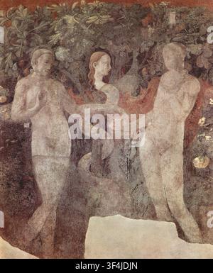 Création des animaux, Adam, Ève et le péché originel par Paolo Uccello – Fragments d’un cycle de fresques de l’Ancien Testament représentant des scènes de la Genèse dans le cloître de Santa Maria Novella à Florence. Les lunettes montrent la Création des animaux et la Création d’Adam, tandis que les panneaux muraux dépeignent la Création d’Ève et le péché originel Banque D'Images