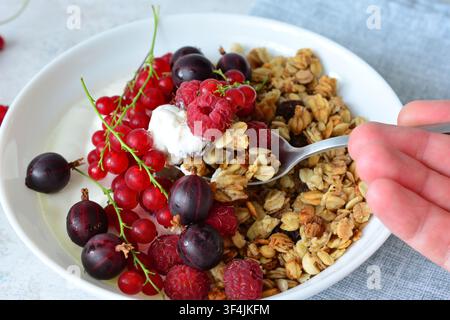 Une main humaine tient une cuillère avec du granola et des fruits rouges frais dans un bol Banque D'Images