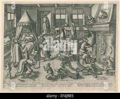 La chambre d'enfant, une gravure de Pieter van der Borcht, un graveur flamand, de la série Het Simmenspel, présentant des singes dans diverses situations humaines, créée au XVIe siècle. Banque D'Images