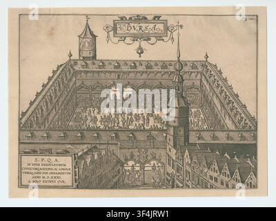 La Bourse d'Anvers, une gravure du XVIe siècle par Pieter (I) van der Borcht, un graveur flamand, créée en 1581 et imprimée dans les Origines Antverpiensium de Carolus Scribani en 1610. Banque D'Images