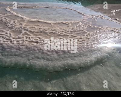Close-up des cristaux de sel et des dépôts minéraux le long de la rive de la Mer Morte, Israël. Banque D'Images