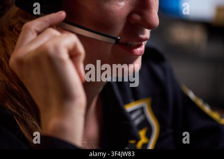 Officier de police féminine parlant sur un casque au travail Banque D'Images