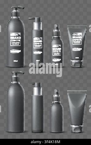 Bouteilles cosmétiques réalistes. Conteneurs noirs minimalistes avec étiquettes. Emballages et designs 3D pour distributeurs ou pulvérisateurs. Tube de crème hydratante sur Illustration de Vecteur