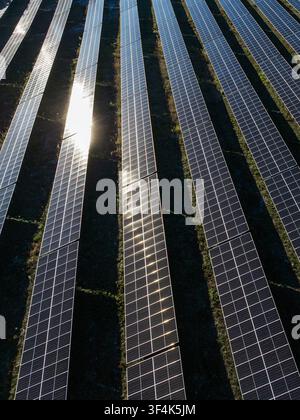 Un grand parc solaire avec des rangées de panneaux photovoltaïques produisant de l'électricité renouvelable dans un paysage rural. Banque D'Images