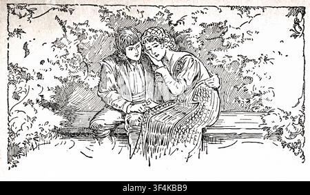 L'Elfe Rose - Illustration vintage montrant un jeune homme et une femme assis intimement sur un banc dans un jardin, partageant un moment tendre de conversation ou de lecture ensemble. Tiré des Contes de fées et histoires merveilleuses d'Hans Andersen par Louis Rhead 1857-1926 Date de publication 1914 Banque D'Images