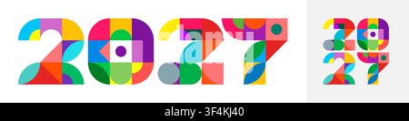 Vector de poster du Nouvel An 2027 géométrique Bauhaus. Modèle de fond de carte à motif carré abstrait rétro coloré. Graphique de bannière de vacances chinoises joyeuses avec typographie plate tendance. Illustration de Vecteur