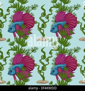 Motif vectoriel sans couture avec des poissons combattants siamois vibrants et des plantes d'algues sous-marines Illustration de Vecteur