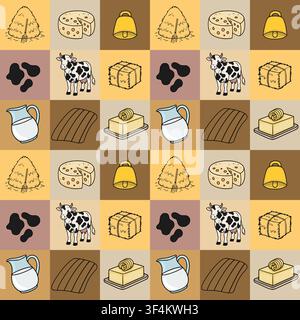Motif vectoriel sans couture de ferme avec vaches, lait, fromage, beurre et foin Illustration de Vecteur