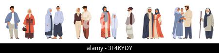 Famille arabe. Personnage de femme musulmane en hijab, homme islamique ou couple saoudien avec enfant. Tenue traditionnelle de foulard blanc. Gens heureux debout en plein air. Ensemble isolé de style plat de dessin animé vectoriel Illustration de Vecteur