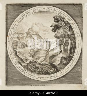 Dieu créant les arbres et les fruits, une gravure sur cuivre de Nicolaes de Bruyn, conçue par Maerten de Vos et publiée par Assuerus van Londerseel, tirée de la série 'La Création de la Terre', datée entre 1601 et 1656. Banque D'Images
