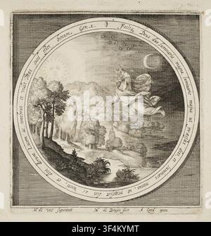 Dieu crée le jour et la nuit, le soleil et la lune, une gravure de Nicolaes de Bruyn, conçue par Maerten de Vos et publiée par Assuerus van Londerseel, tirée de la série 'La Création de la Terre', XVIIe siècle. Banque D'Images
