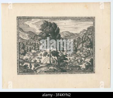 Dieu apparaît à Adam et Ève après la Chute, une gravure de Pieter (I) van der Borcht, un graveur flamand, tirée du livre "Imagines et Figurae Bibliorum", 1582. Banque D'Images