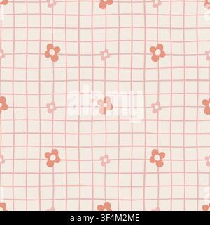Motif sans couture avec des fleurs roses dessinées à la main sur fond à carreaux vichy. Papier peint à motif écossais mignon avec imprimé floral. Design à carreaux minimaliste pour textiles pour enfants et papeterie de rentrée scolaire. Illustration de Vecteur